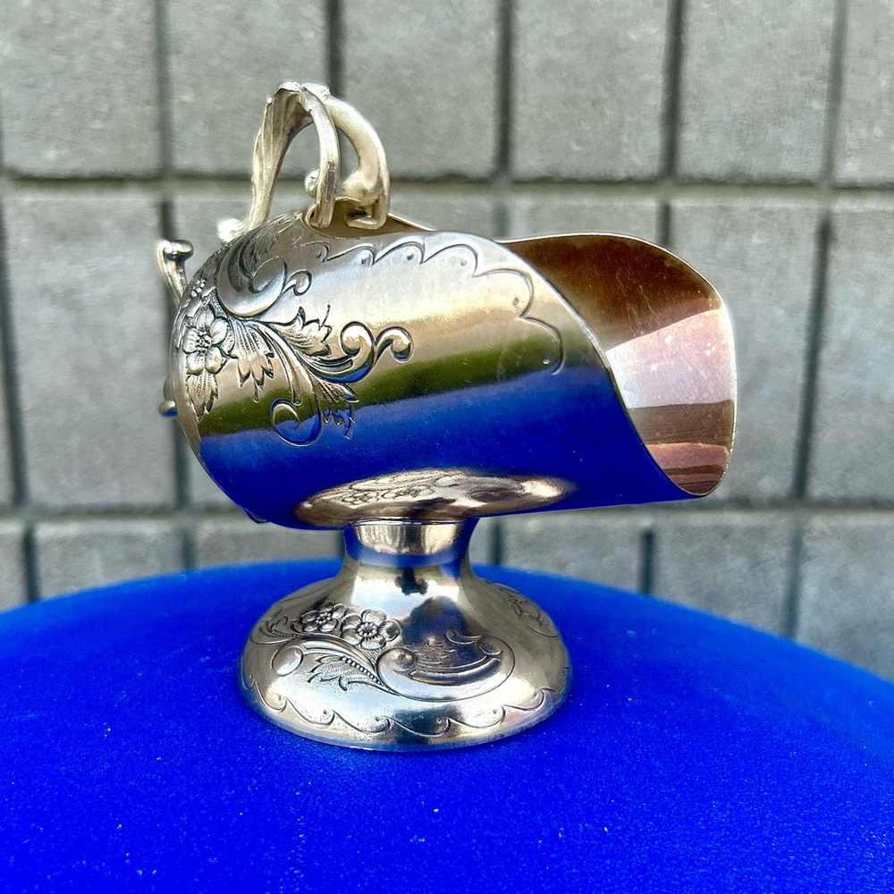 Antique Embossed Floral Pattern Silver Plated Sugar Scuttle w/ Auxiliary Scoop